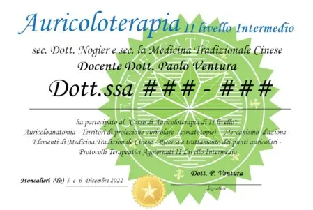 Diploma di I livello di Auricoloterapia.